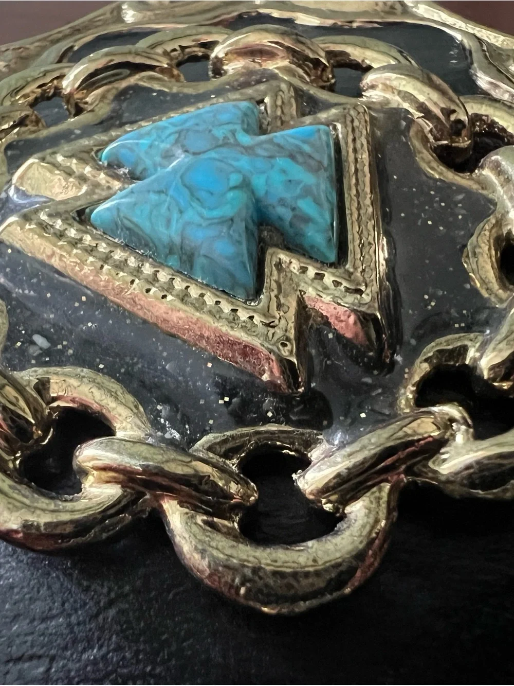 Vintage Southwestern Turquoise Inlay Belt Buckle Gold Tone - Western USA